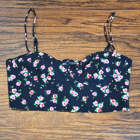 ZARA NEW Black Rose Floral Prints Cropped Top Spaghetti Straps Size Zipper XS-S - Picture 6 of 15
